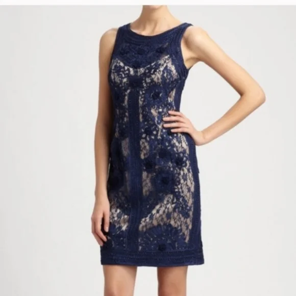 Sue Wong Dresses | Sue Wong Embroidered Lace Navy And Nude Sheath Cocktail Dress | Color: Blue/Tan | Size: 2 | Tlo515's Closet
